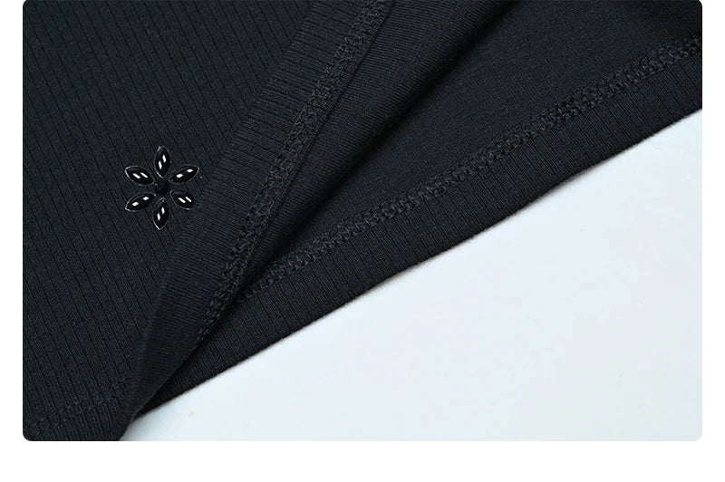 Maxikleid Damen Langarmkleid Blumen und Perlen Oberteil Freizeitkleid Rundhals Schwarz Modal Ripp-Oberteil Größen XS-XXXL
