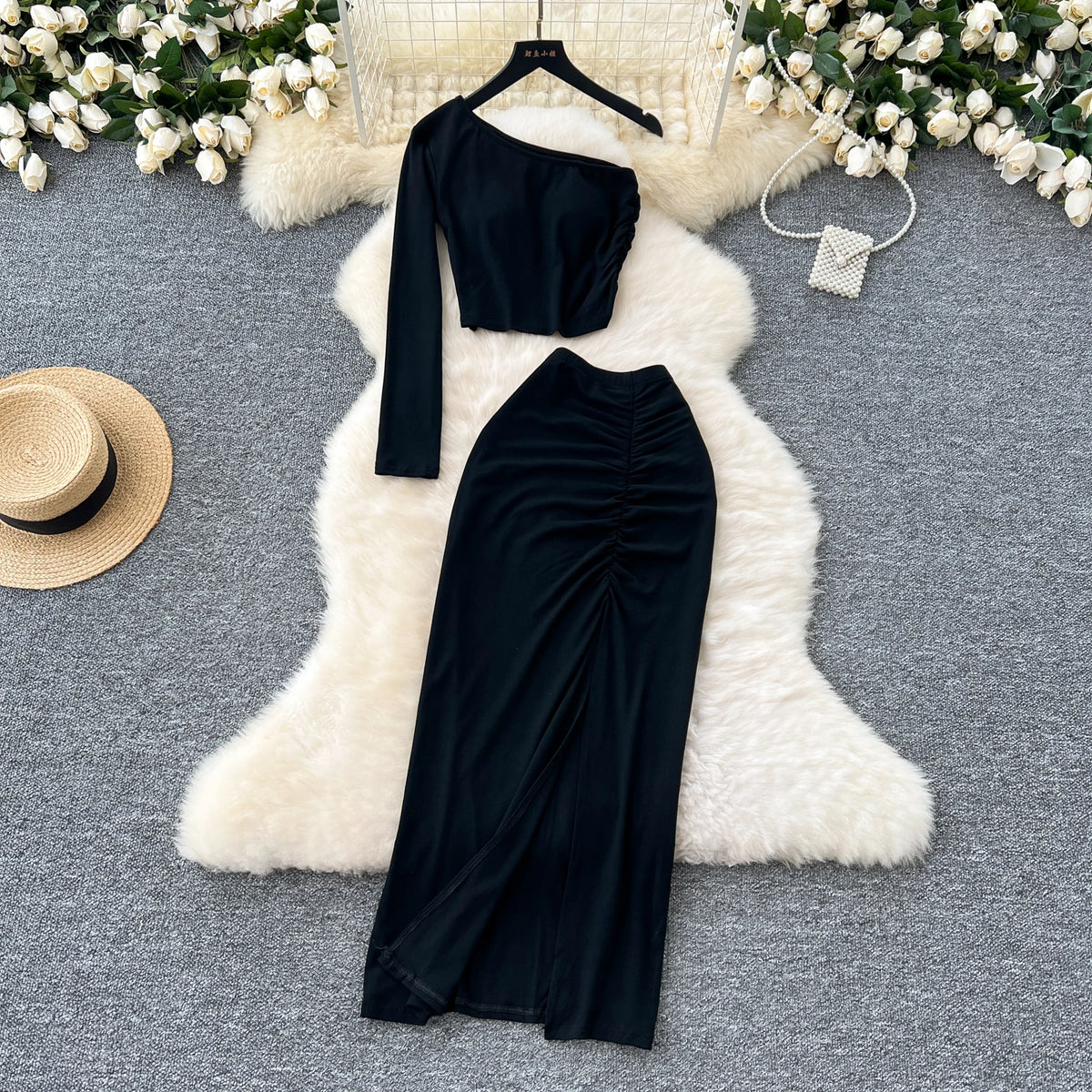 Chic Two-piece Sets One Shoulder Long Sleeve Diagonal Collar Blouse Basics High Waist Split Skirt High Street Vintage Clothing
