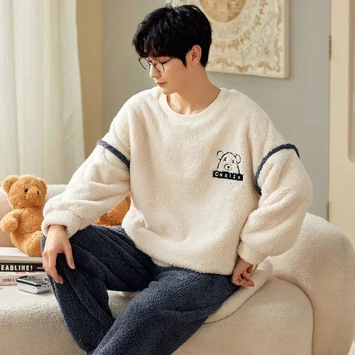 2024 Winter Men Fleece Casual Long Sleeve Pajamas Set Coral Velvet Cute Cartoon Sleepwear Male Plush Thicken Warm Homewear