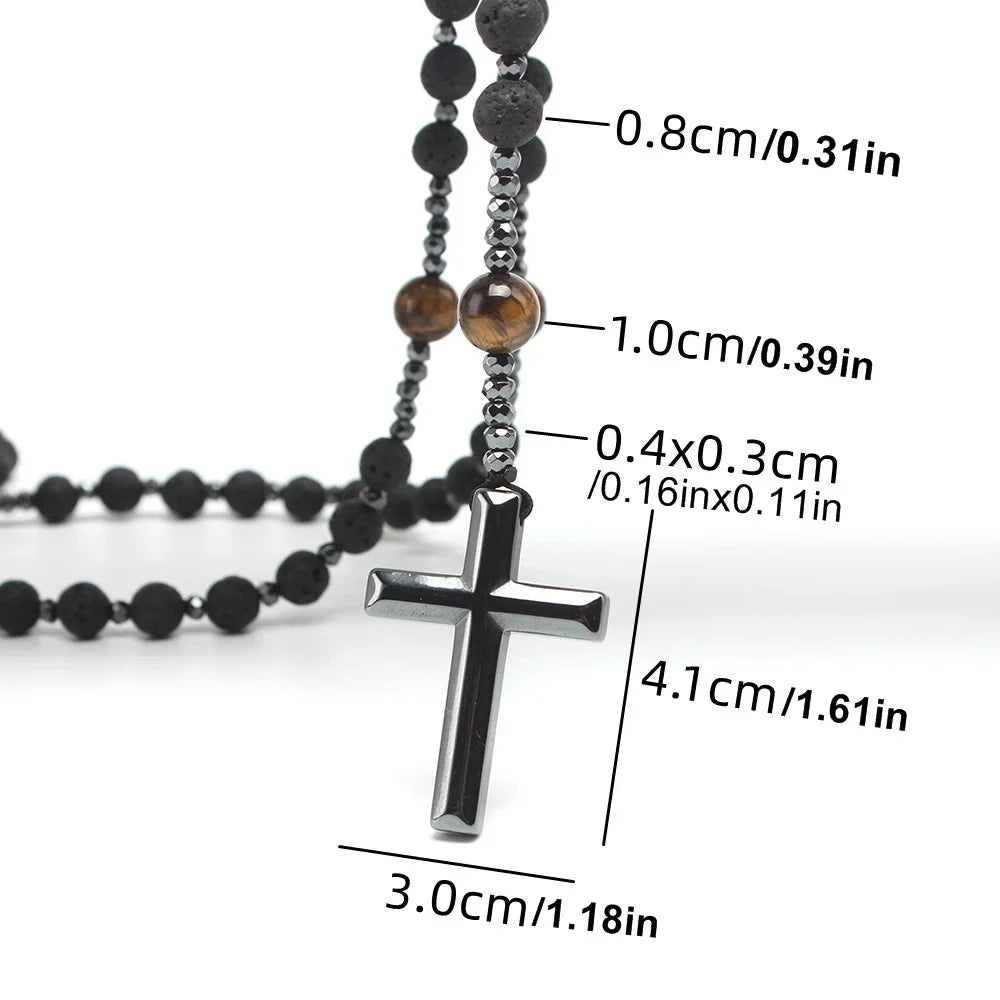 Natural Lava Stone Tiger-eye Beads Long Necklace with Hematite Cross Pendant for Men Rosary Jewelry
