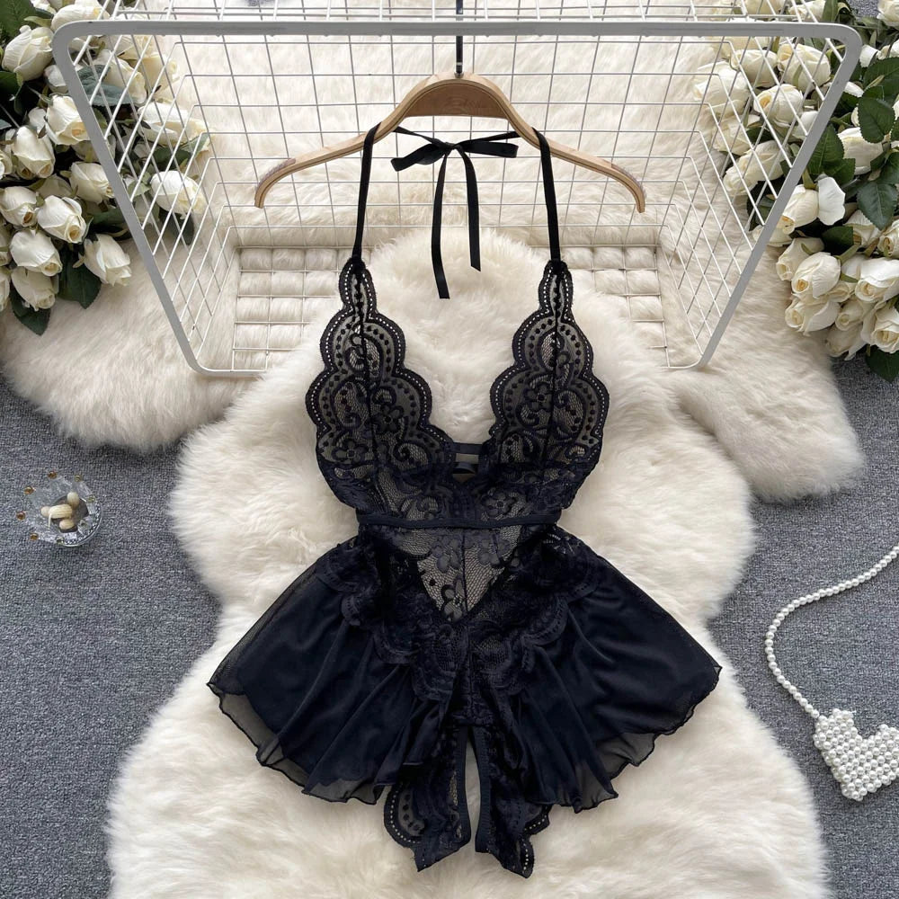 Sexy Cute Sweet Lace Backless Jumpsuit Women Slim Fit Bodysuit Girl Strap Bow knot Cosplay Hot Sweet Bow Ribbon Lingerie Dress