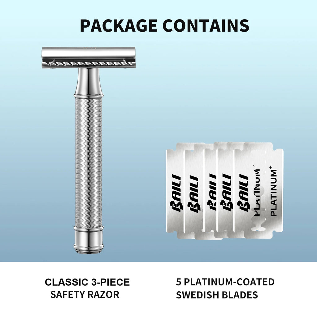 BAILI Double Edge Safety Razor Stainless Steel Wet Shave for Men Women Barber with 5 Platinum Blades Poseidon BRB1-SI