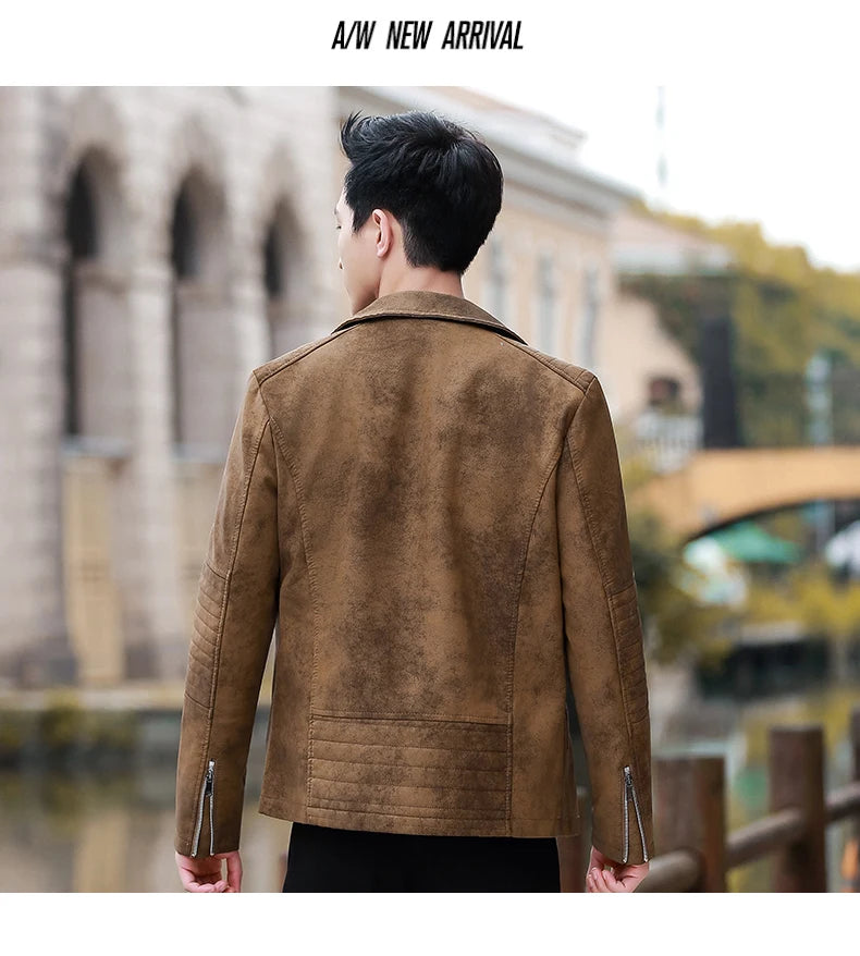 Men's Streetwear Vintage Motorcycle Coat Stand Collar Brown Leather Jacket Motorcycle PU Faux Leather Coat Winter Outwear Mens