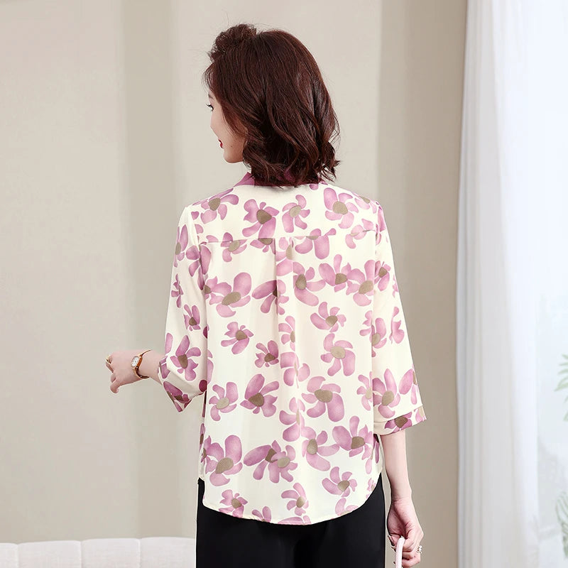 Fashion Printed Spring and Autumn shawl collar Women's Fashion Floral Checked Mid Sleeved Loose Chiffon Tops