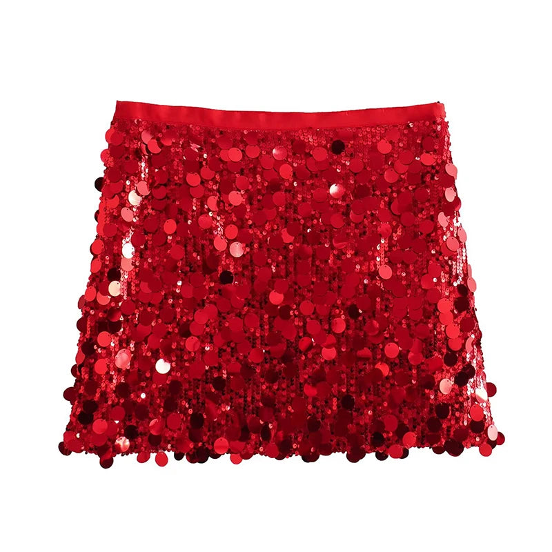 Willshela Women Fashion With Sequined Solid Side Zipper Mini Skirt Vintage High Waist Female Chic Lady Skirts