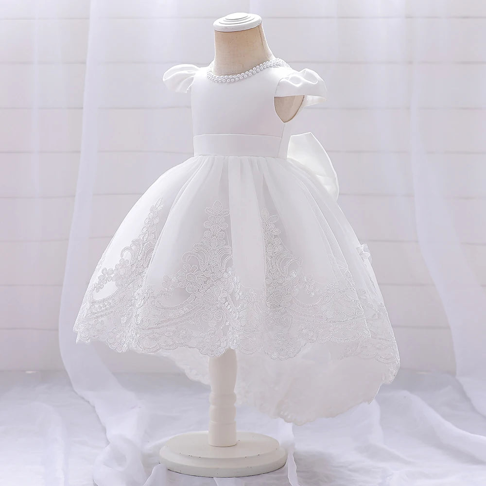 Toddler Bow Baby Dress For Girls Beading Tulle Princess 1st Birthday Embroidery Kids Party Dresses for Girl Pink Baptism Costume