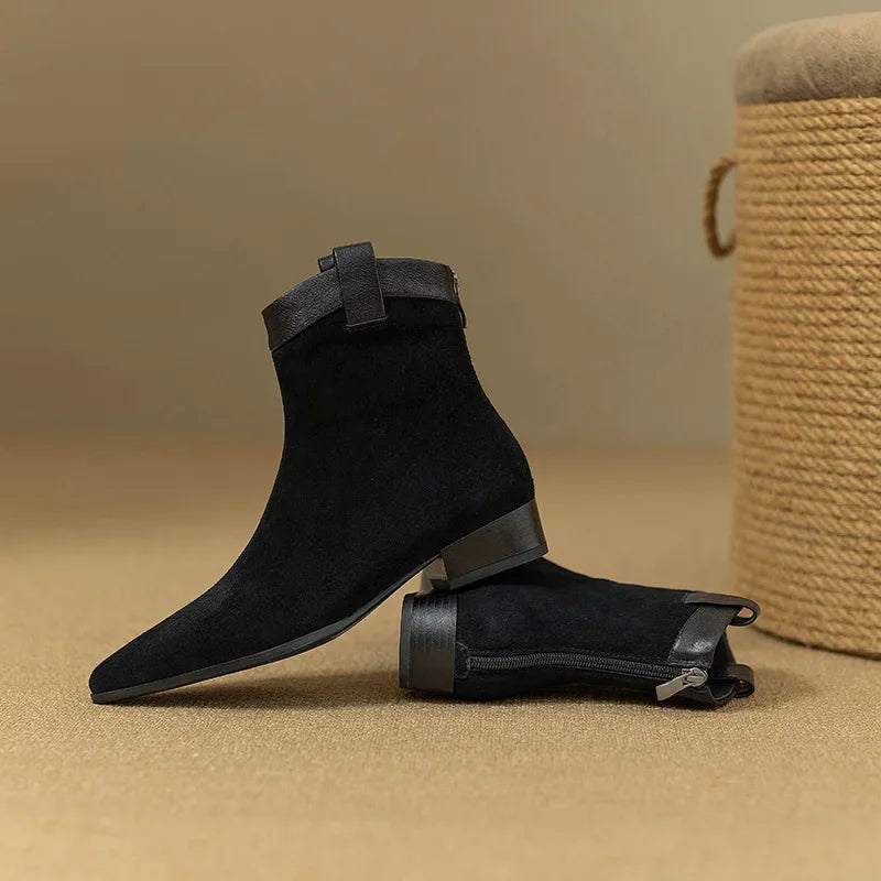 Women's Vintage Chunky Heel Ankle Boots Autumn Winter New Pointy Square Head Suede Back Zipper Soft Sole Non-slip Short Boots