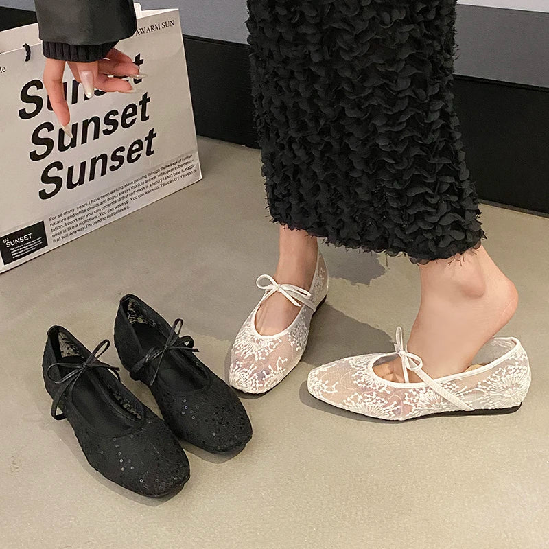 Mesh lace inner heightening women's shoes 2025 summer new sexy square head shallow breathable ballet shoes bow flat shoes