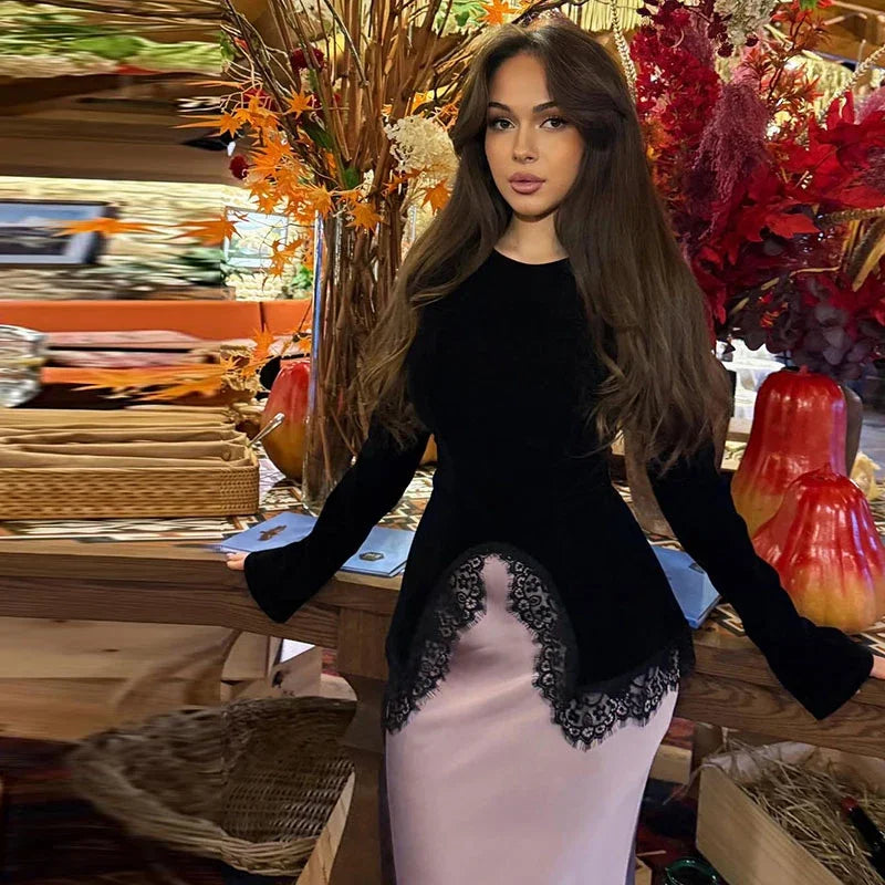Elegant Lace Velvet Patchwork Women Top Flare Long Sleeve O-neck Split Female Blouse 2026 Spring Summer Lady Clothes New