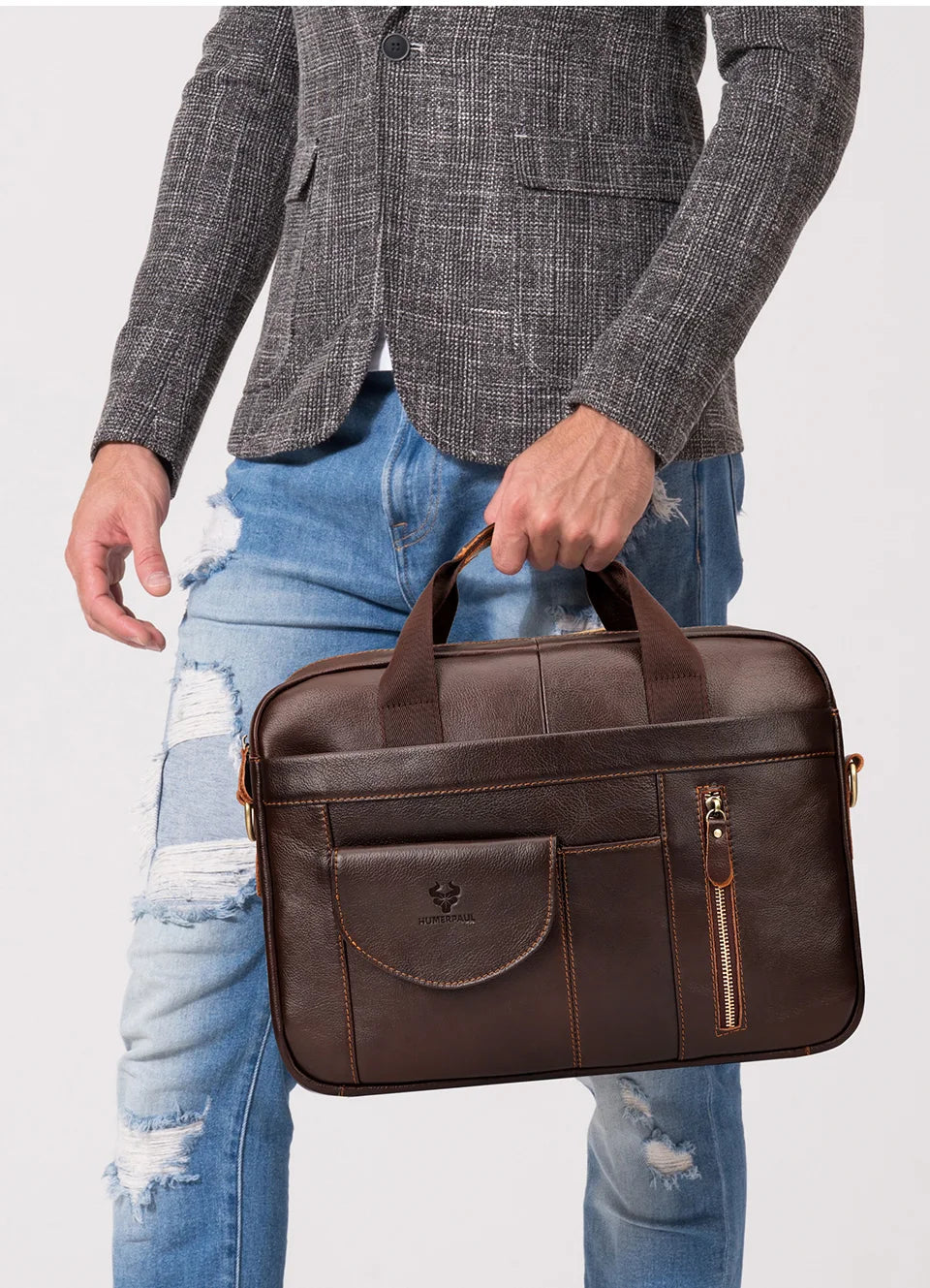 HUMERPAUL Men's Briefcase Bag Top Layer Leather Handcrafted Laptop Bag with Multiple Compartments Business Shoulder Messenger