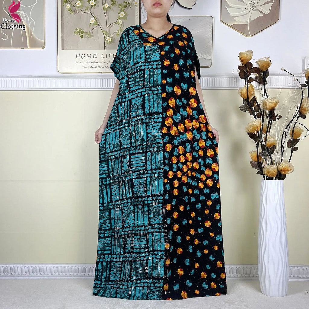 2025 New Summer Abaya Short Sleeve Dress With Big Scarf Printing Floral Loose Dress Islam Kaftan Women African Abaya Clothing
