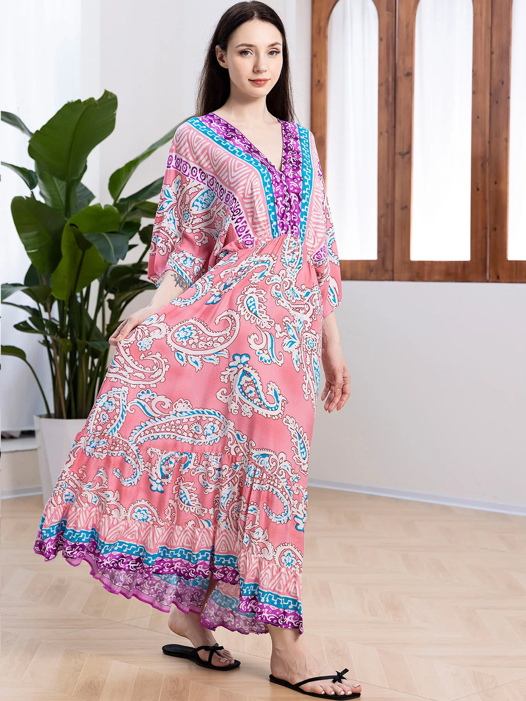 Bohemian Oversize Loose Elastic Waist Maxi Dresses Women Robe Cotton Rayon Floral Printed Long Dress Summer Boho Beach Cover up