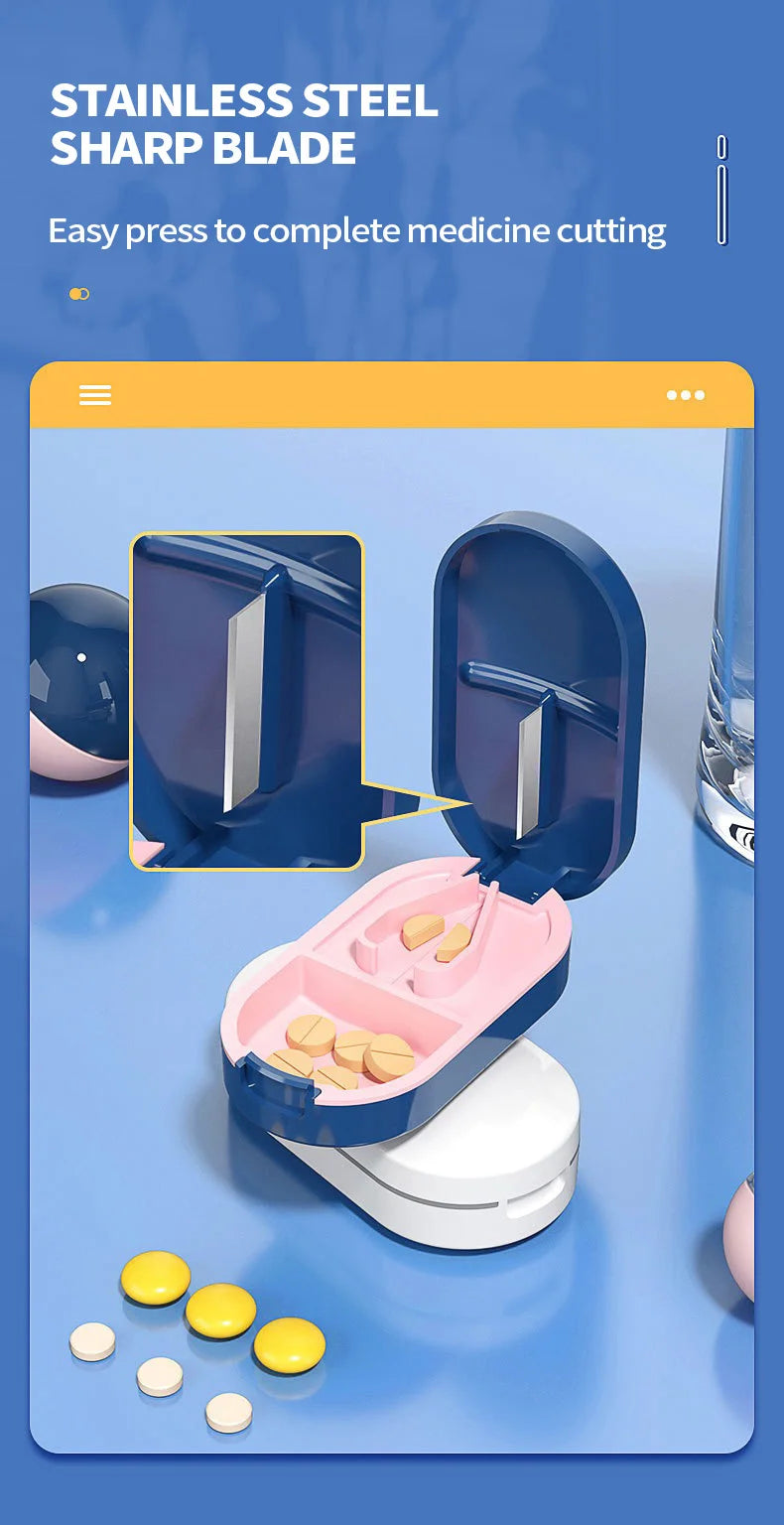 Portable Pill Splitter -2-in-1 Pill Box with Stainless Steel Blade - Suitable for Vitamin Tablets - Cutting Pills 1/2, 1/4 with