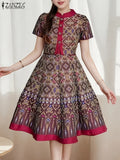 ZANZEA Vintage Geometric Print A-Line Dress Women Fake Two-Piece Stand Collar Short Sleeve Knee-Length Robes Holiday Vestidos