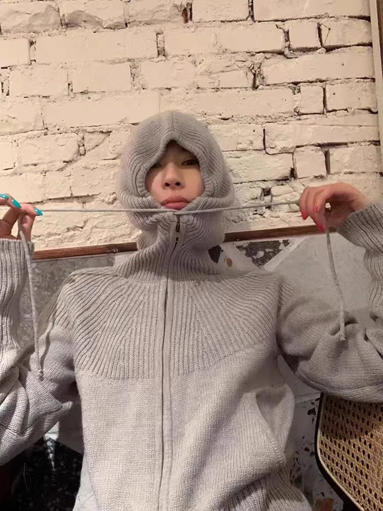 High-end double zipper hooded 100% cashmere knitted cardigan women's sweater loose hooded sweater for autumn winter wool coat