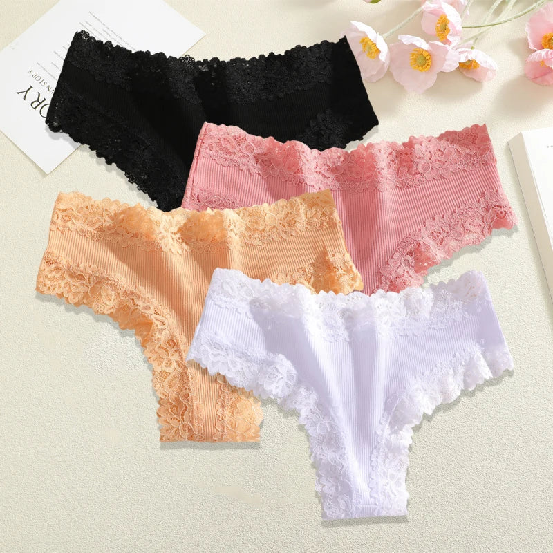 4Pc S-XL Women's Cotton Sexy Lace Brazilian Pants Seamless Low Waist Printing Breathable Underwear Ladies Lace Patchwork Panties
