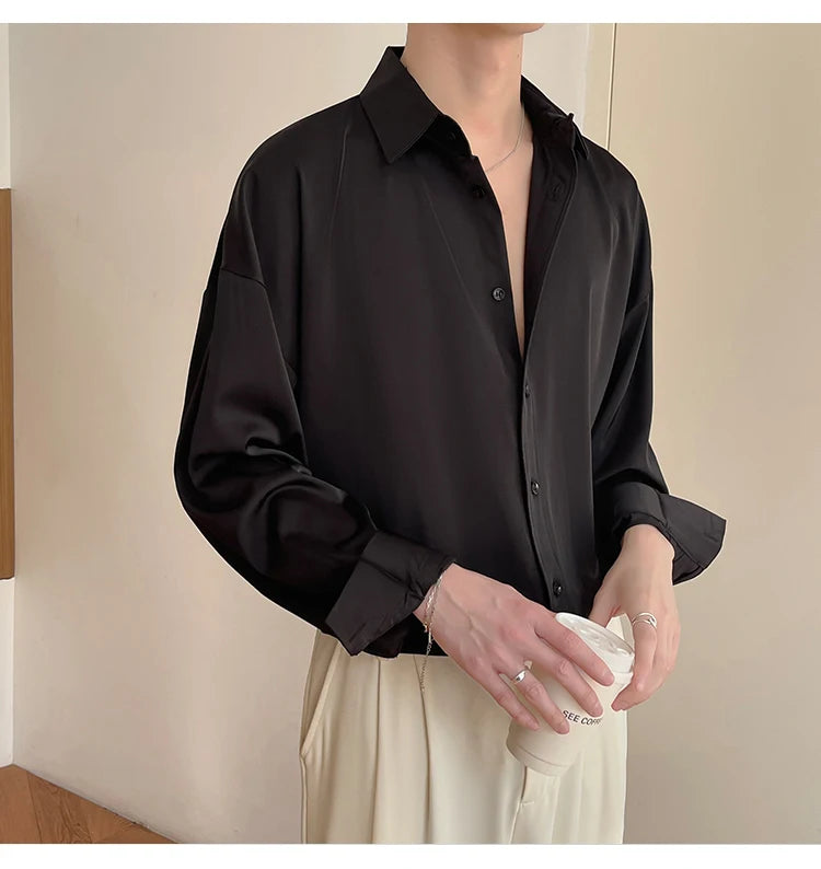 White Long Sleeved Shirt Men Oversized Fashion Social Mens Dress Shirt Korean Loose Ice Silk Shirt Mens Office Formal Shirts