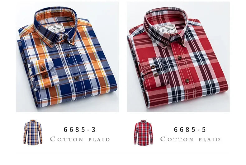 Neue Herren-Langarmhemd aus reiner Baumwolle im Karomuster Frühling Ganzbaumwoll-Freizeithemd Koreanischer Stil Schlank machend Glättet Ihre Silhouette Bügelfrei