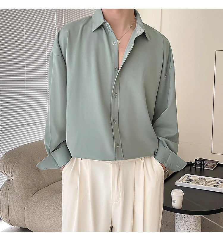 White Long Sleeved Shirt Men Oversized Fashion Social Mens Dress Shirt Korean Loose Ice Silk Shirt Mens Office Formal Shirts