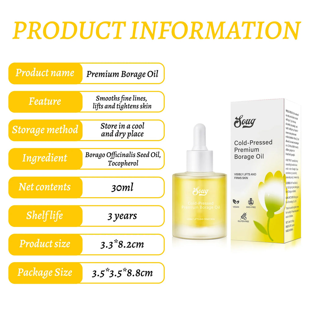 Pressed Borage Oil - 100% Pure Natural Face Oil for Skin Lifting & Firming, Vegan, GMO-Free, for Elasticity & Brightening. 30ml