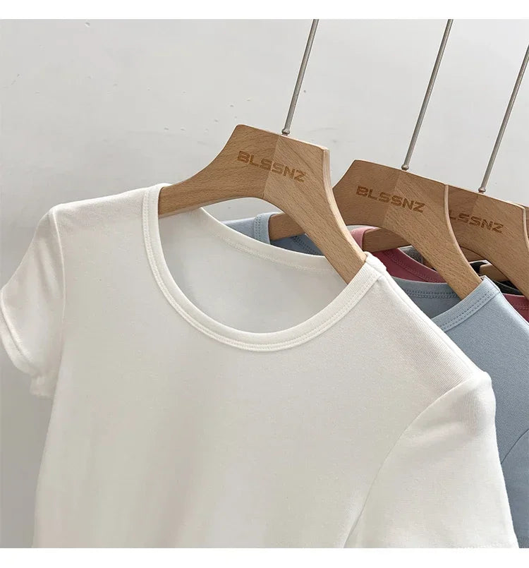 AOSSVIAO 2026 Summer White Cotton O Neck T-shirt Student Short Sleeve Versatile Tops Solid Slim Fit T Shirts Y2k Tee
