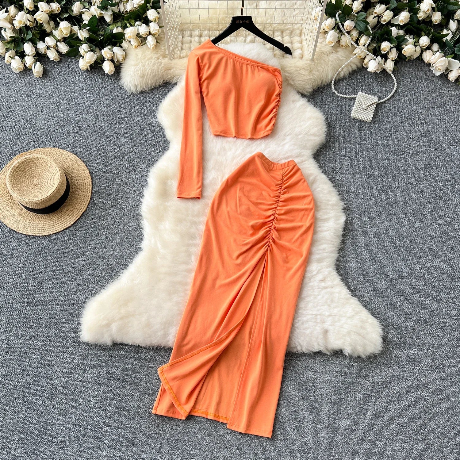 Chic Two-piece Sets One Shoulder Long Sleeve Diagonal Collar Blouse Basics High Waist Split Skirt High Street Vintage Clothing