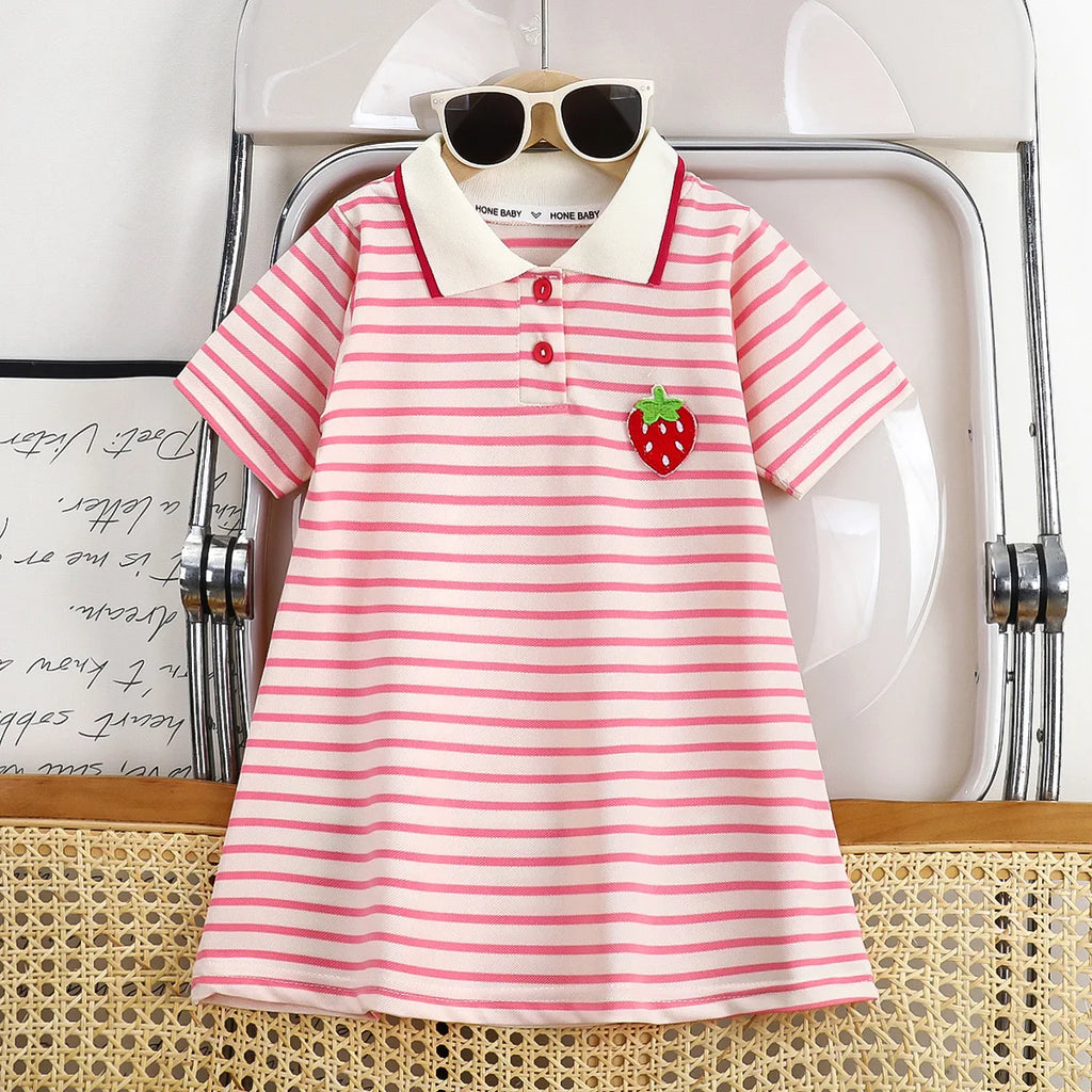 2025 New Children's Dress Girls' Summer Korean Edition Fashion Casual Striped Collar Short sleeved Dress1-10Y