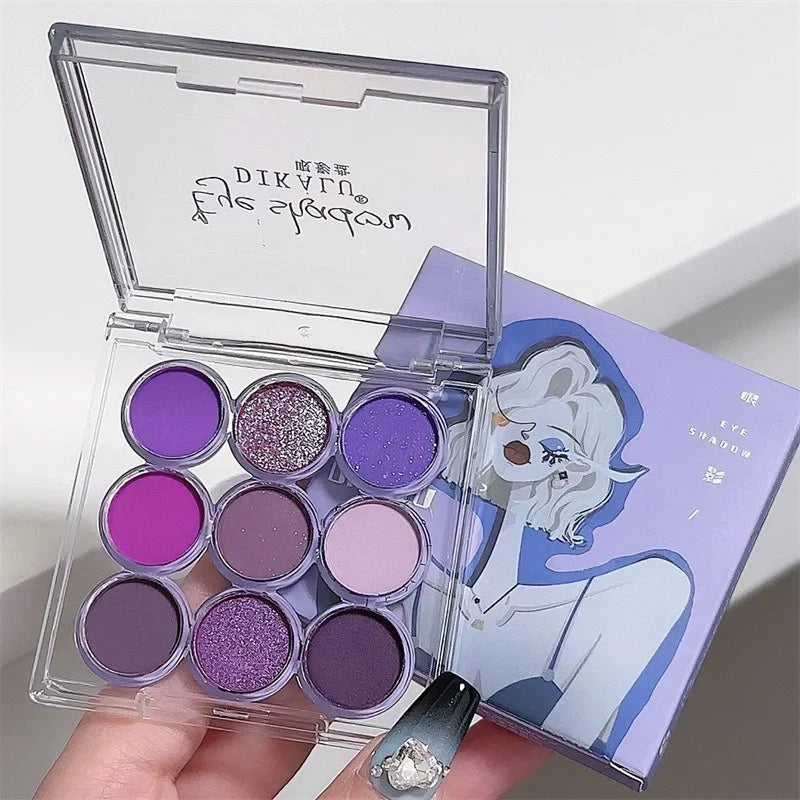 9Colors Glitter Eyeshadow Palette Smoke Purple Lace Shimmer Pearlescent Matte Acrylic Eye Shadows Palette Waterproof Eye Make Up
