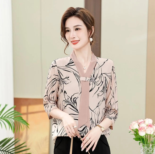 Fashion Printed Spring and Autumn shawl collar Women's Fashion Floral Checked Mid Sleeved Loose Chiffon Tops