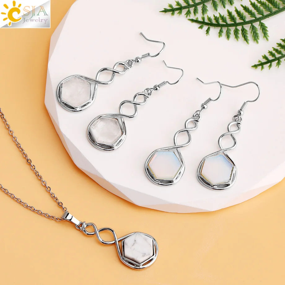CSJA Natural Stone Earring Necklace Jewelry Set for Women Hexagon Crystal Pendant Stainless Steel Chain Jewelry Accessories H577