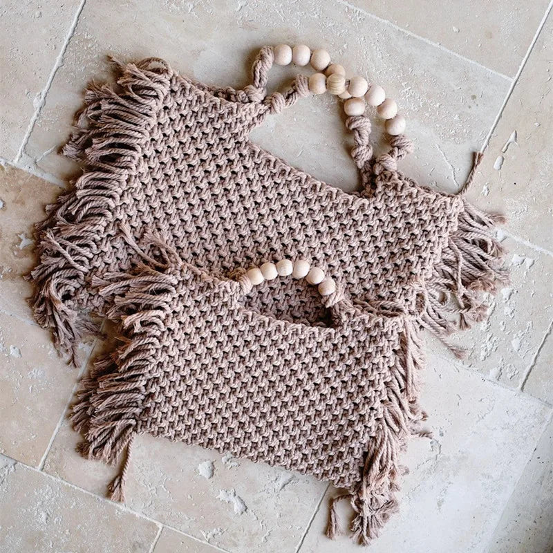 Macrame bag wholesale women Crochet boho chic Summer fringe beach tote bag ivory purple green blue black