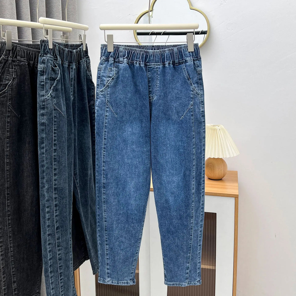 L-6XL Plus Large Size Baggy Jeans Women High Waisted Jeans Woman Mom Jeans Loose Denim Harem Pants Elastic Waist Blue