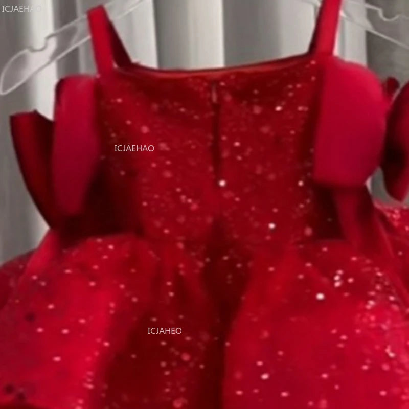 New Children Girls Red Sequin Party Dress Puffy Tulle Princess Gown for Kids Birthday Christmas Celebration Pageant Formal Wear