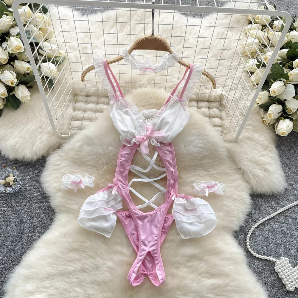 Sexy Cute Sweet Lace Backless Jumpsuit Women Slim Fit Bodysuit Girl Strap Bow knot Cosplay Hot Sweet Bow Ribbon Lingerie Dress