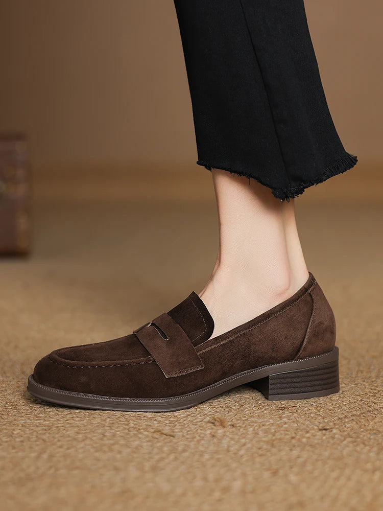 2025 NEW Trend Women Loafers Natural Suede Spring Autumn Ladies Low Block Heels Elegant Round Toe Black Brown Splicing Loafers