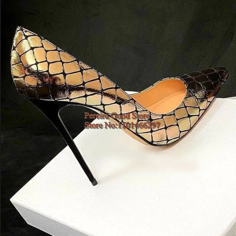 Luxury Gold Snake Printed Leather Stiletto High Heels Pumps Metallic Pointed Toe Slip On Shallow Women Banquet Footwear