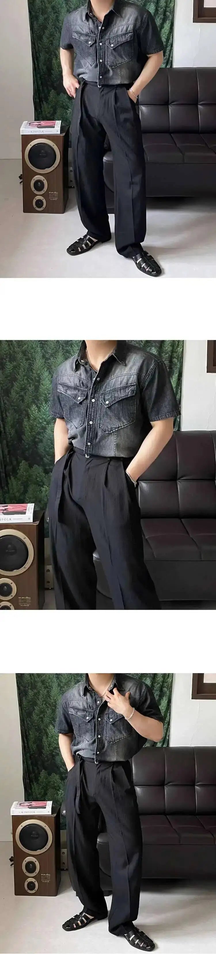 IEFB Niche Design Men's Denim Shirts Turn-down Collar Single Breasted Washing Solid Color Short Sleeved Loose Male Tops 9W2513