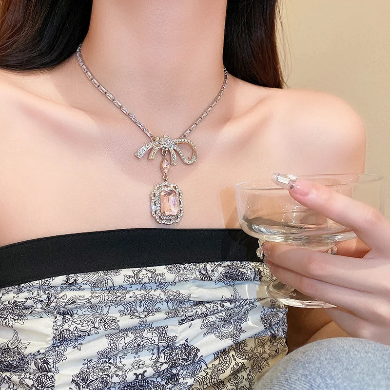 Pink Crystal Zircon Jewelry Set Women Fashion Square Bow Pendant Necklace Drop Earrings Light Luxury Party Wedding Jewelry