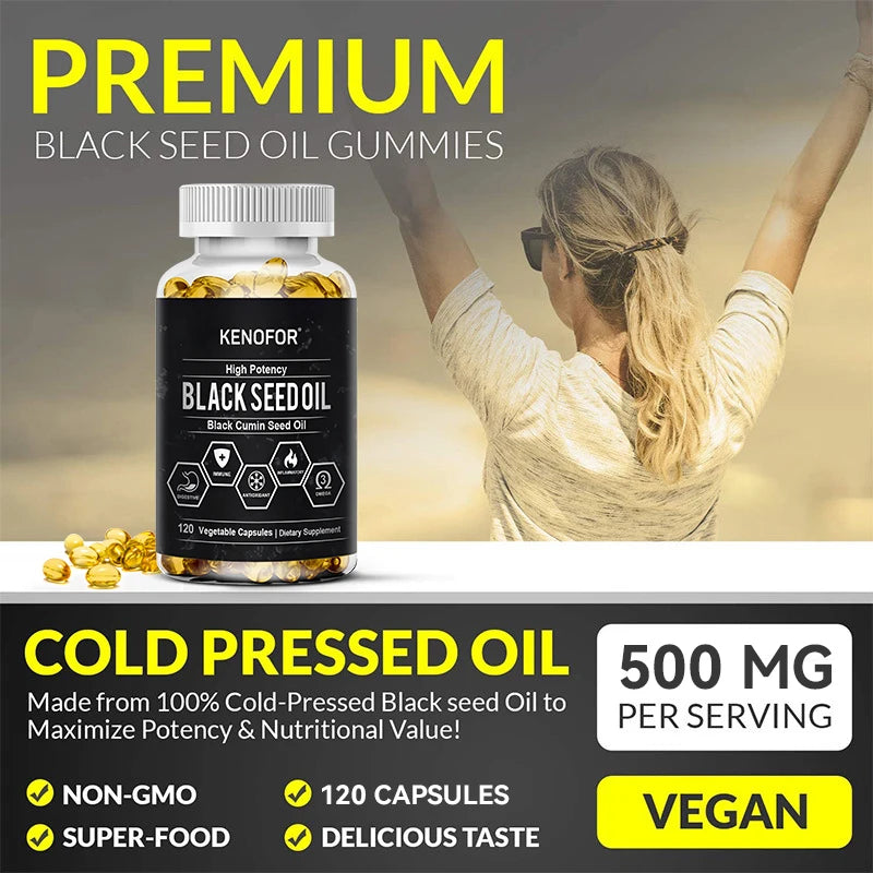 Black Seed Oil Capsules - 500mg, Black Cumin Seed Oil Supplement for Immune Function, Digestive Support, Hair & Skin Health