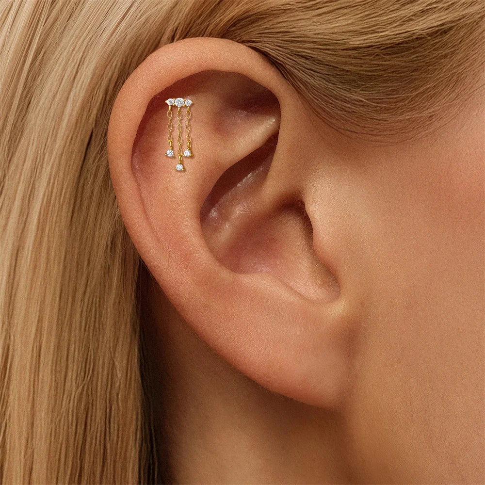 CANNER 1PC Tassel Chain Star Moon 925 Sterling Silver Flat Head Piercing Earring For Woman Ins 14K Gold Plated Dainty Jewelry