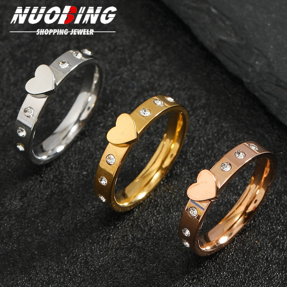 Stainless Steel Heart Crystal Rings For Women Zircon Femme Couple Wedding Romantic Party Accessories Jewelry Gift 2025