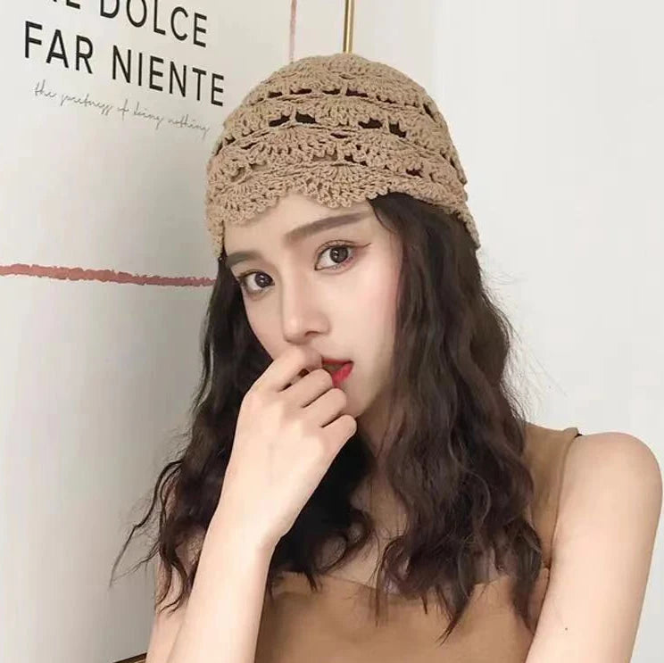 Hand-Knitted Flower Hollow Thin Cap Spring and Summer Lace Breathable Kerchief  Crochet Toe  Cotton Thread Hat Female
