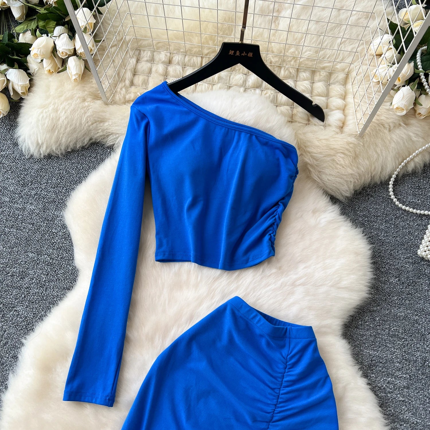 Chic Two-piece Sets One Shoulder Long Sleeve Diagonal Collar Blouse Basics High Waist Split Skirt High Street Vintage Clothing
