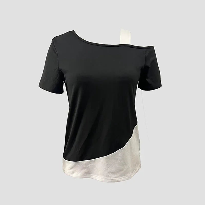 Casual Sommer-Top T-Shirt Damen Chic Color-Blocking Off-Shoulder T-Shirt Kurzarm und asymmetrische Tops