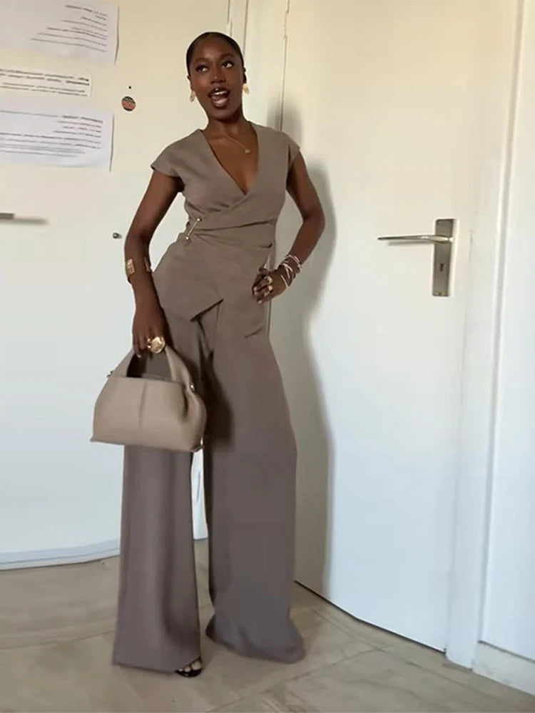 Pin Double Breasted V-neck Top Pants Women's Set Sleeveless Top Wide Leg Mid Waist Trousers Spring Summer Commuting Office Suit