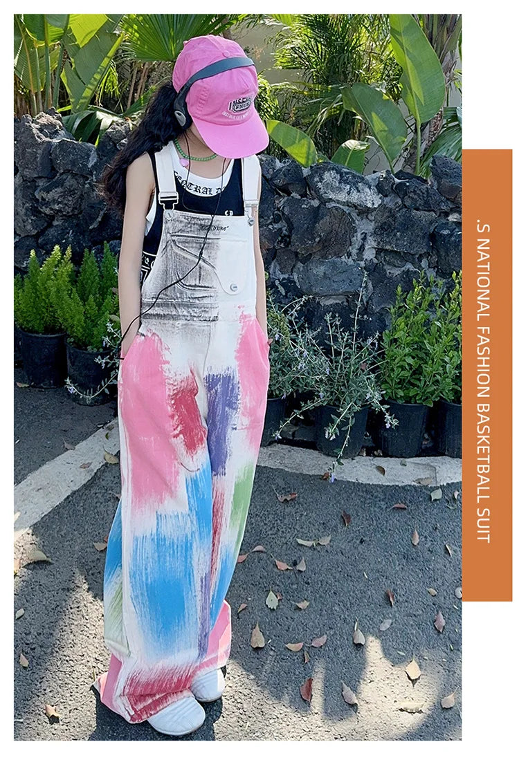 Child Stylish Denim Jumpsuit Dungarees with Drawings for Girl High Fashion Streetwear Suspender Overall Kids Colored Strap Jeans