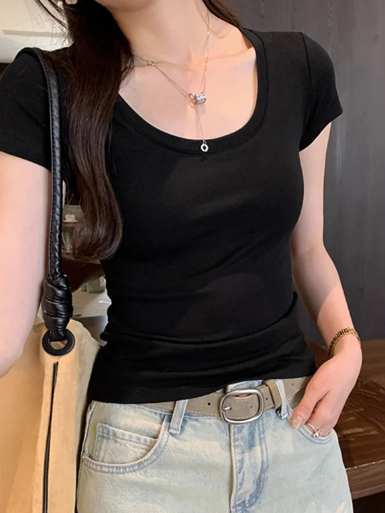 Spring Summer New Short Sleeve T-Shirt Women Solid Simple Casual Soft All-Match Hot Basic Slim Tops Tees Summer Fashion 2026