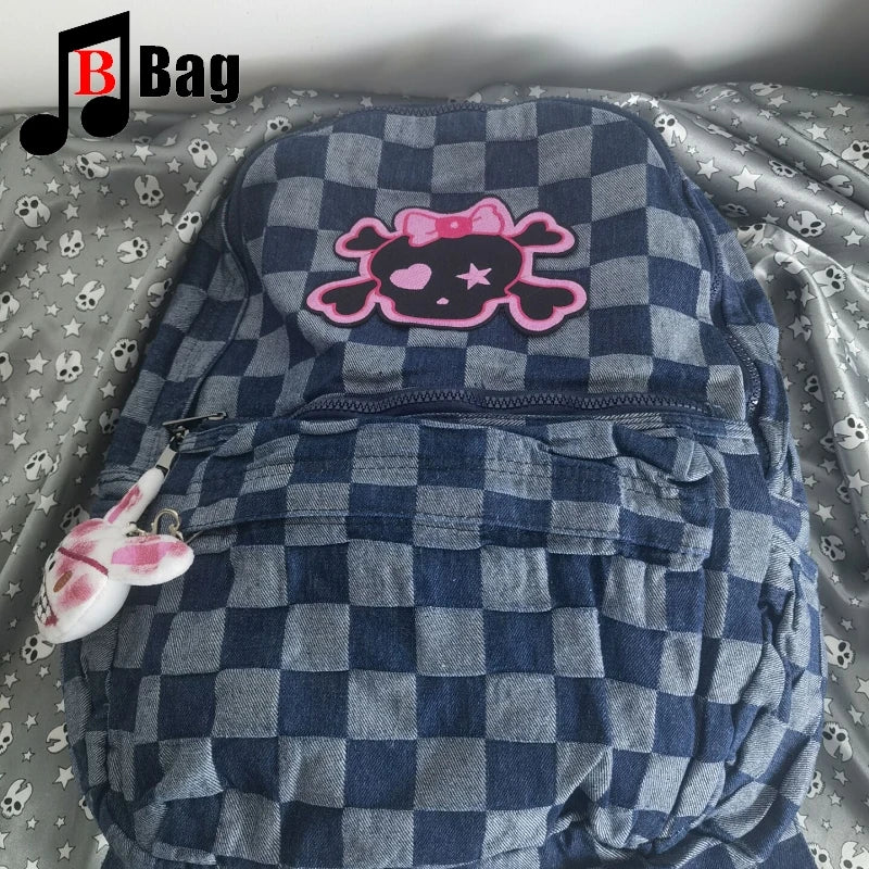 Harajuku Women Girl Cute Little skull Lattice Shoulder Bags Backpack Students Large Capacity Backpacks book bag Computer Handbag