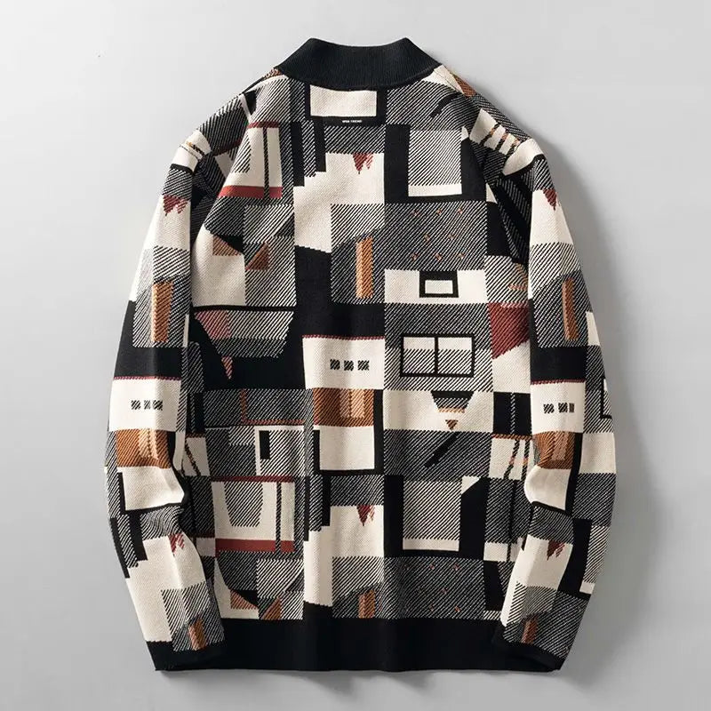 Geometric Oil Painting Camouflage Irregular Cardigan Sweater Men's Plus Size Widened Autumn New Outer Wear Jacket Top Preppy