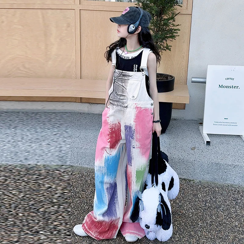 Child Stylish Denim Jumpsuit Dungarees with Drawings for Girl High Fashion Streetwear Suspender Overall Kids Colored Strap Jeans